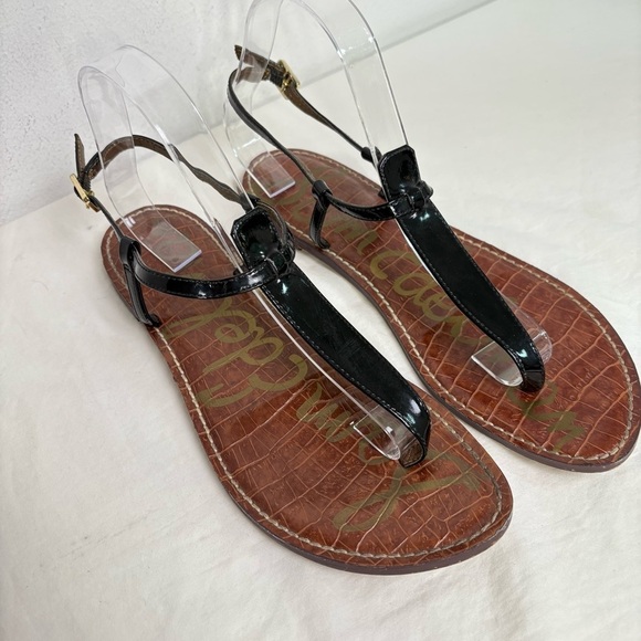 SAM EDELMAN T-Strap Thong Patent Faux Leather Flat Sandals 10 - Picture 2 of 16